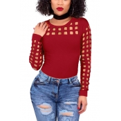 Sexy Round Neck Long Sleeves Hollow-out Red Blendi