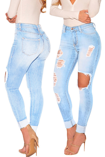 

Sexy High Waist Broken Holes Blue Cotton Jeans