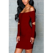 Charming Bateau Neck Long Sleeves Hollow-out Wine 