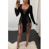 Sexy V Neck Long Sleeves Lace-up Hollow-out Black 