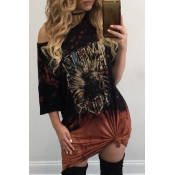 Casual Round Neck Half Sleeves Printed Black Polye