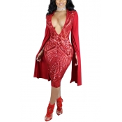 Sexy Deep V Neck Long Sleeves Red Polyester Sheath