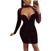 Sexy V Neck Long Sleeves Hollow-out Purplish Red V