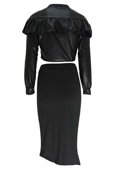 Sexy Mandarin Collar Long Sleeves Hollow-out Black Qmilch Two-piece Skirt Set от Lovelywholesale WW