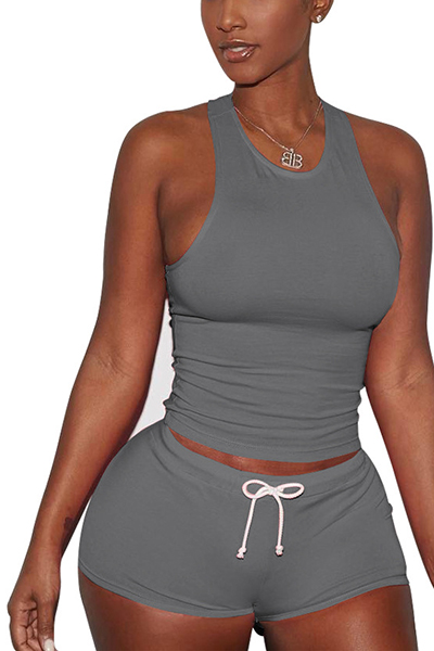 

Grey Cotton Blend Shorts Solid U Neck Sleeveless Casual Two Pieces