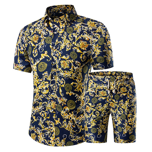 

Stylish Mandarin Collar Short Sleeves Printed Yellow Cotton Blends Two-piece Shorts Set