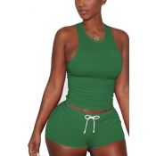Green Cotton Blend Shorts Solid U Neck Sleeveless 