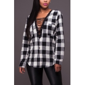 Pullovers Polyester V Neck Long Sleeve Plaid T-shi
