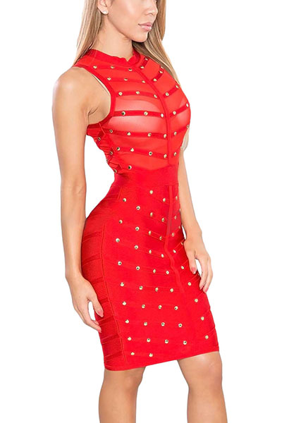 Sexy Sleeveless See-Through Rivet Decoration Red Healthy Fabric Sheath Knee Length Dress