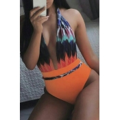 Euramerican Deep V Neck Printed Patchwork One-piec