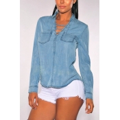Leisure Turndown Collar Long Sleeves Hollow-out Bl