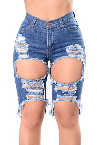 

Cotton Solid Zipper Fly High Regular Capris Jeans, Blue