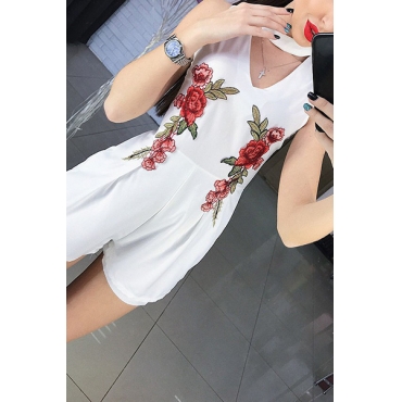 Euramerican V Neck Sleeveless Embroidery White Polyester One-piece Skinny Jumpsuits