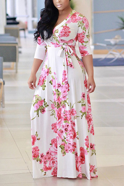 Charming V Neck Floral Print White Milk Fiber Floor Length Dress