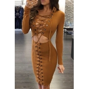 Sexy Long Sleeves Lace-up Hollow-out Khaki Twilled