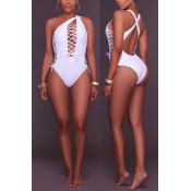 Sexy Hollow-out White Polyester One-piece Swimwear