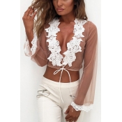 Sexy V Neck Long Sleeves Lace Trim Patchwork Polye