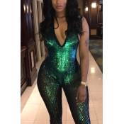 Sexy V Neck Backless Green Sequined One-piece Jump