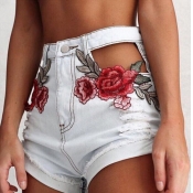 Trendy High Waist Embroidery Hollw-out White Denim