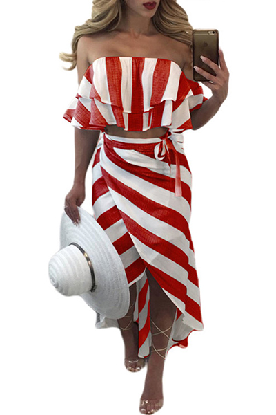 Stylish Dew Shoulder Striped Asymmetrical Red Polyester Two-piece Skirt Set от Lovelywholesale WW