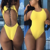 Sexy Backless Yellow Nylon One-piece Swimwear