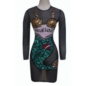 Sexy Round Neck Long Sleeves See-Through Black Gau