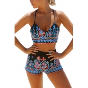 Sexy Printed Lace-up Hollow-out Nylon Two-piece Sw