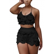 Sexy Sleeveless Rose Decorative Black Lace Two-pie