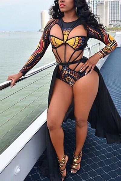 

Sexy Printed Hollow-out Milk Fiber One-piece Swimwear, Multi
