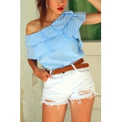 Pullovers Polyester Bateau Neck Short Sleeve Strip