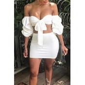 Sexy Dew Shoulder White Polyester Two-piece Skirt 