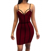 Sexy V Neck Striped Hollow-out Wine Red Milk Fiber