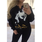 Casual Lace-up Printed Pullover