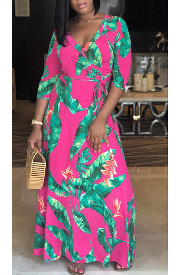

Lovely Fashion V Neck Long Sleeves Printing Red Qmilch Floor Length Dress