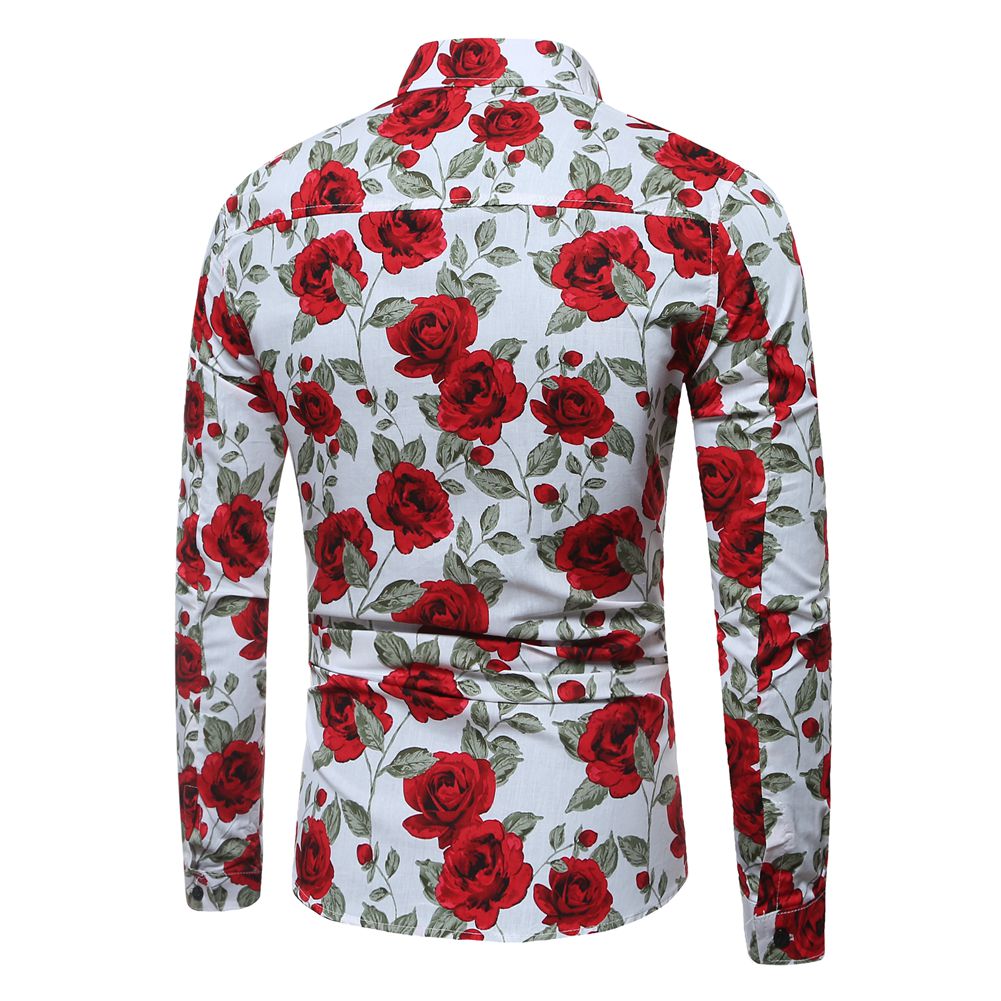 Trendy Long Sleeves Rose Printed White Cotton Blends Shirts_Men Clothes ...