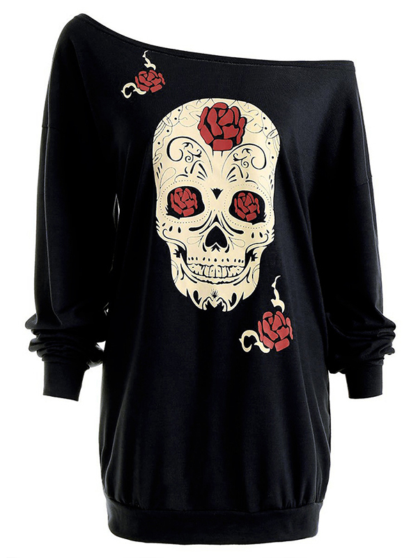 Casual Dew Shoulder Skull Print Black Cotton Tops