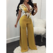 Fashion V Neck Half Sleeves Printed Yellow Cotton 