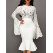 Stylish Round Neck See-Through White Lace Two-piec