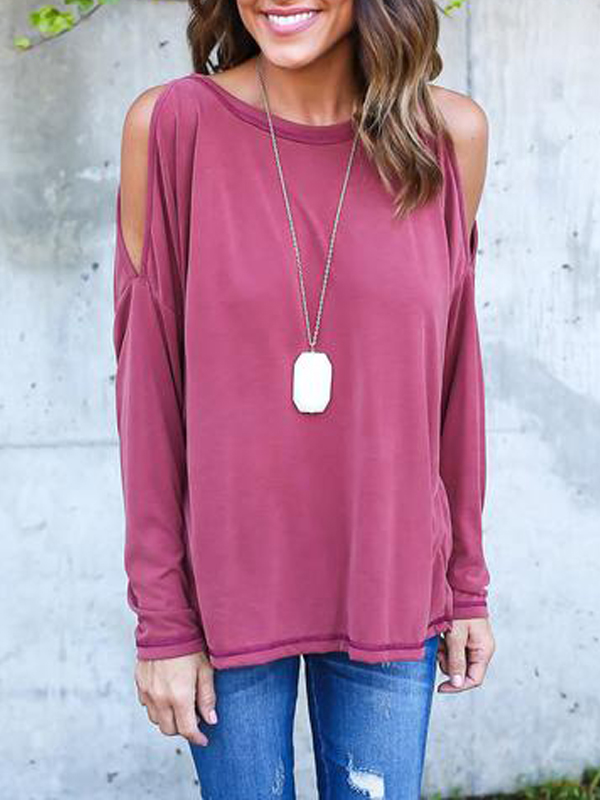 Leisure Round Neck Long Sleeve Hollow-out Rose Red Cotton Blouses