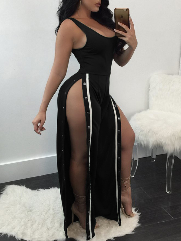 Euramerican Sexy Button Design Black Polyester One-piece Jumpsuits