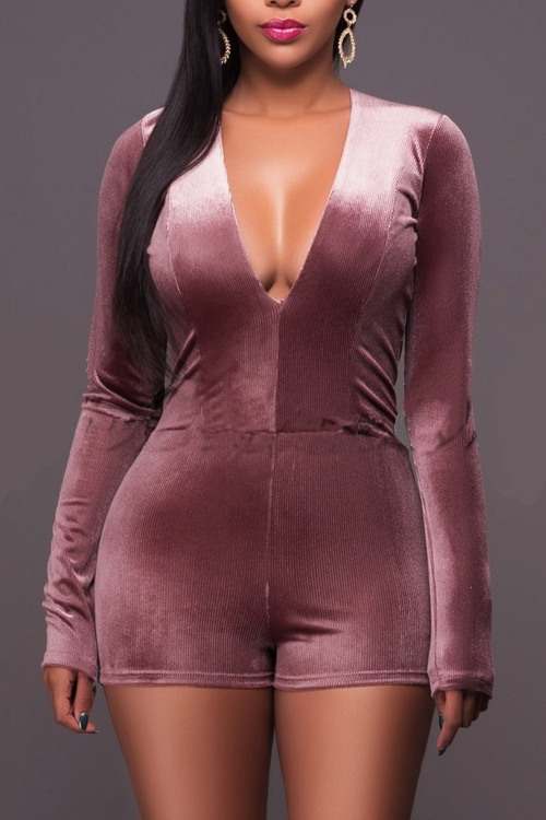 Trendy V Neck Zipper Design Wine Red Velvet One-piece Skinny Jumpsuits