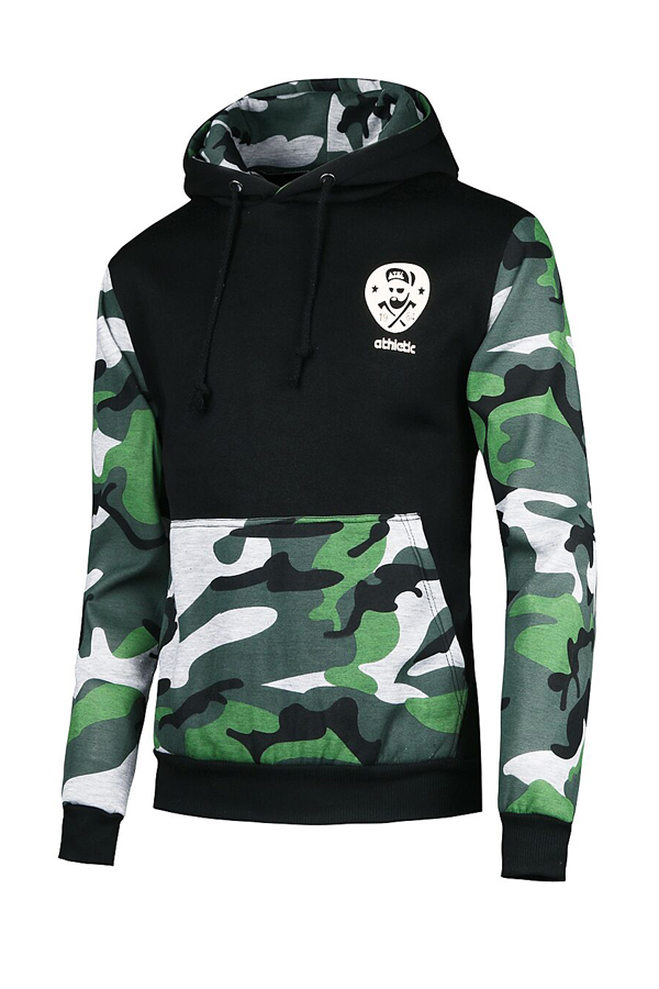 Leisure Camouflage Printed Patchwork Black Cotton Blends Hoodie for men