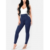Euramerican High Waist Lace-up Blue Polyester Pant