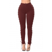 Stylish High Waist Lace-up Hollow-out Wine Red Den