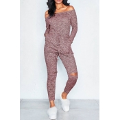 Leisure Dew Shoulder Broken Holes Jujube-red Polye