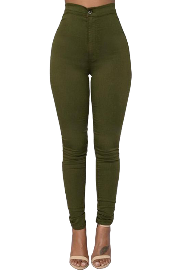 Stylish Mid Waist Green Cotton Blends Pants