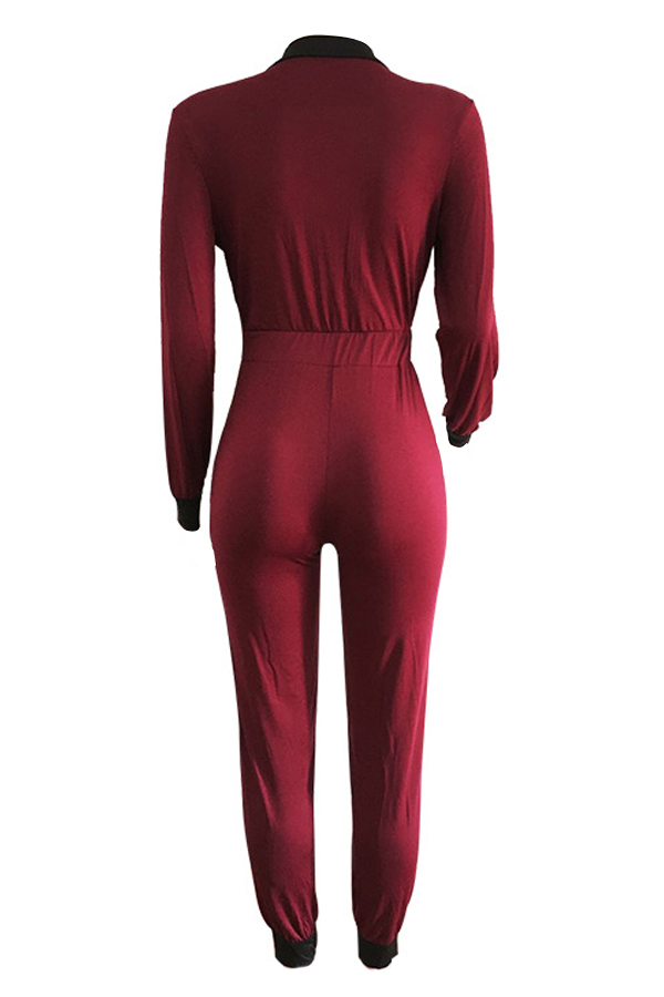 Sexy Deep V Neck Zipper Design Wine Red Polyester One-piece Jumpsuits от Lovelywholesale WW