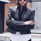 Trendy V Neck Long Sleeves Fur Design Black PU Coa