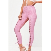 Fashion Elastic Waist Lace-up Pink Polyester Pants