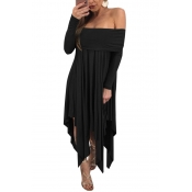 Sexy Dew Shoulder Asymmetrical Black Polyester Mid